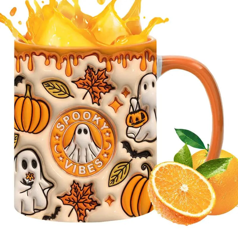 Orange-handled Spooky Vibes Halloween mug shown with a bright orange drink splash and orange slices.