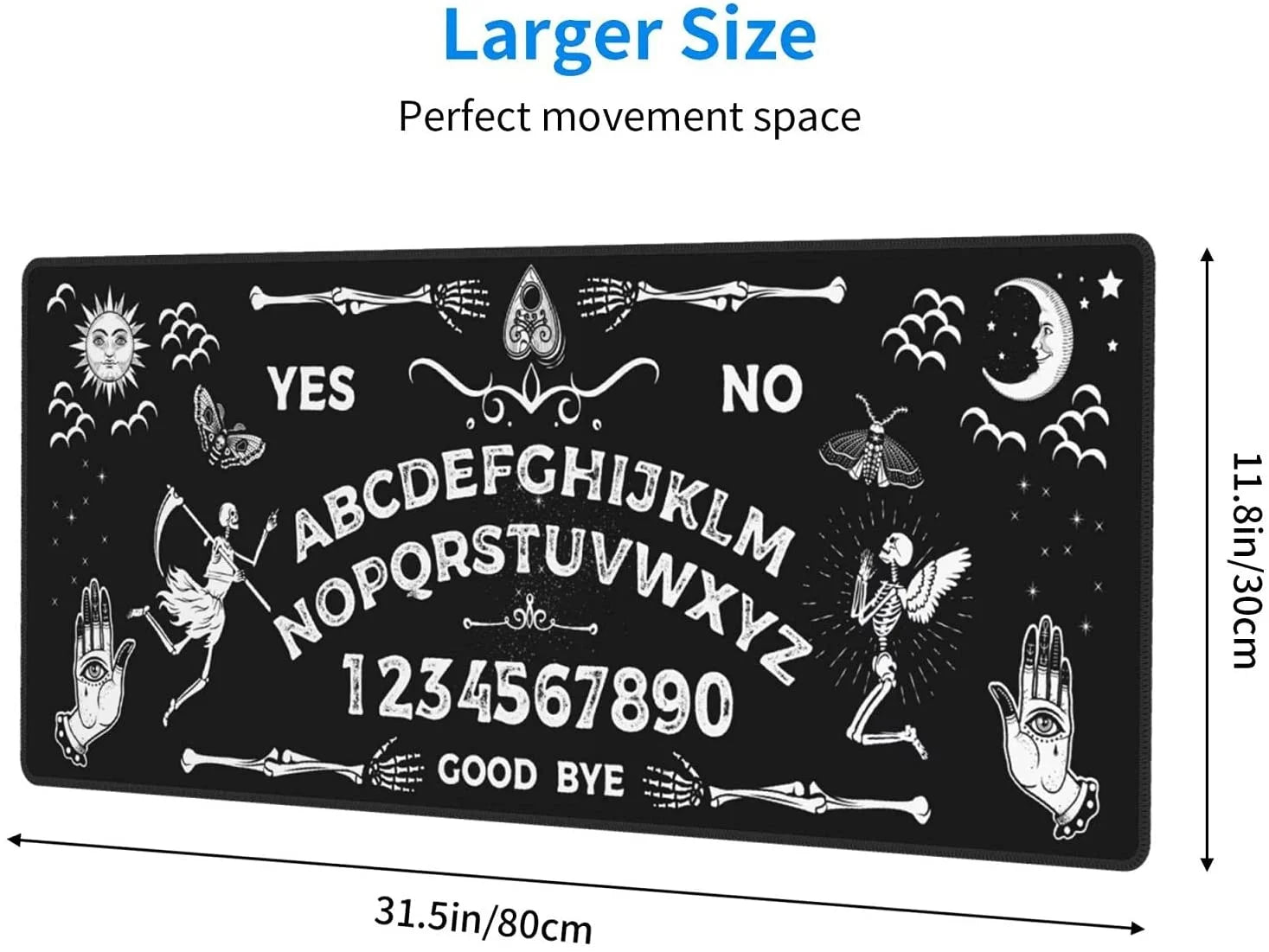 Measurement guide for the 80cm by 30cm Ouija desk mat, showing its black-and-white spirit board design with 31.5-inch and 11.8-inch dimension labels.