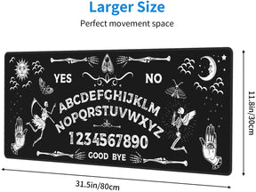 Measurement guide for the 80cm by 30cm Ouija desk mat, showing its black-and-white spirit board design with 31.5-inch and 11.8-inch dimension labels.