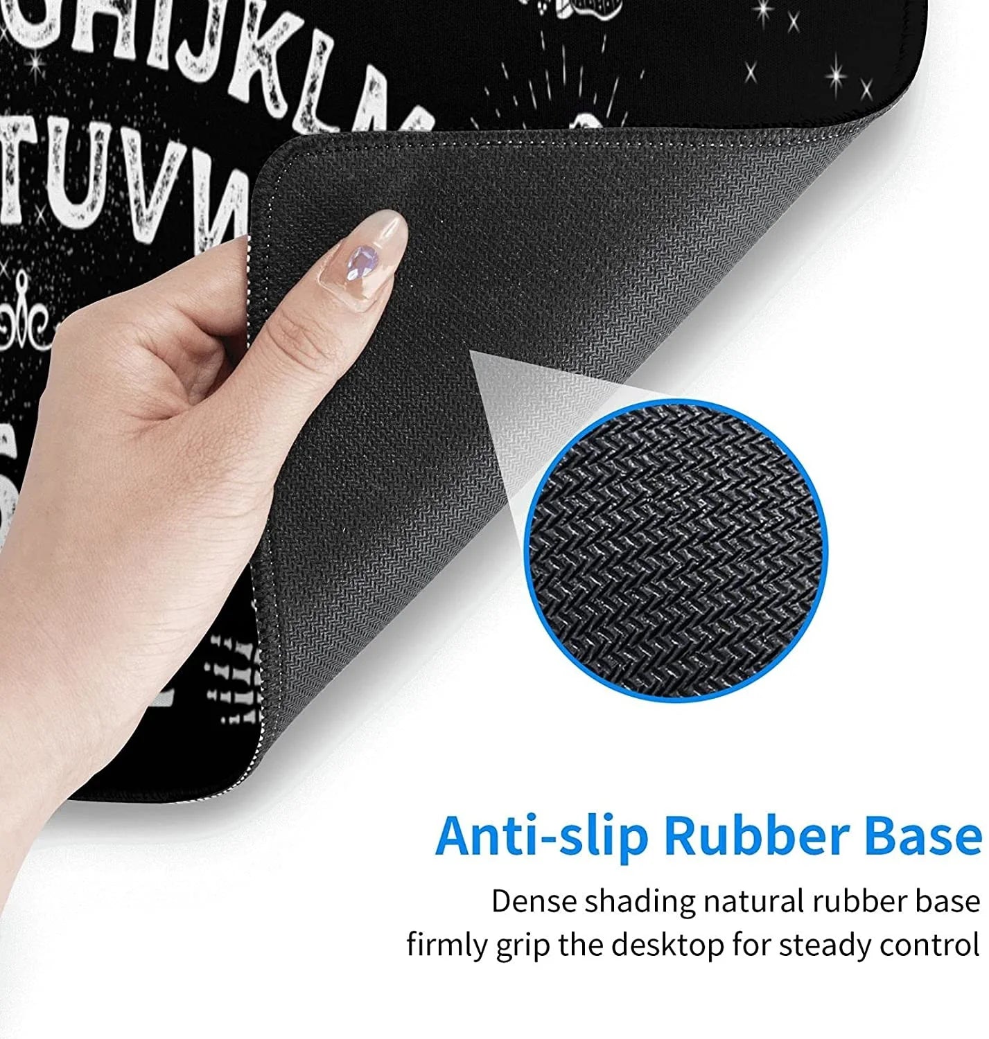 A corner of the Ouija mousepad lifted to show its textured black rubber backing and stitched border, with a magnified inset of the underside pattern.