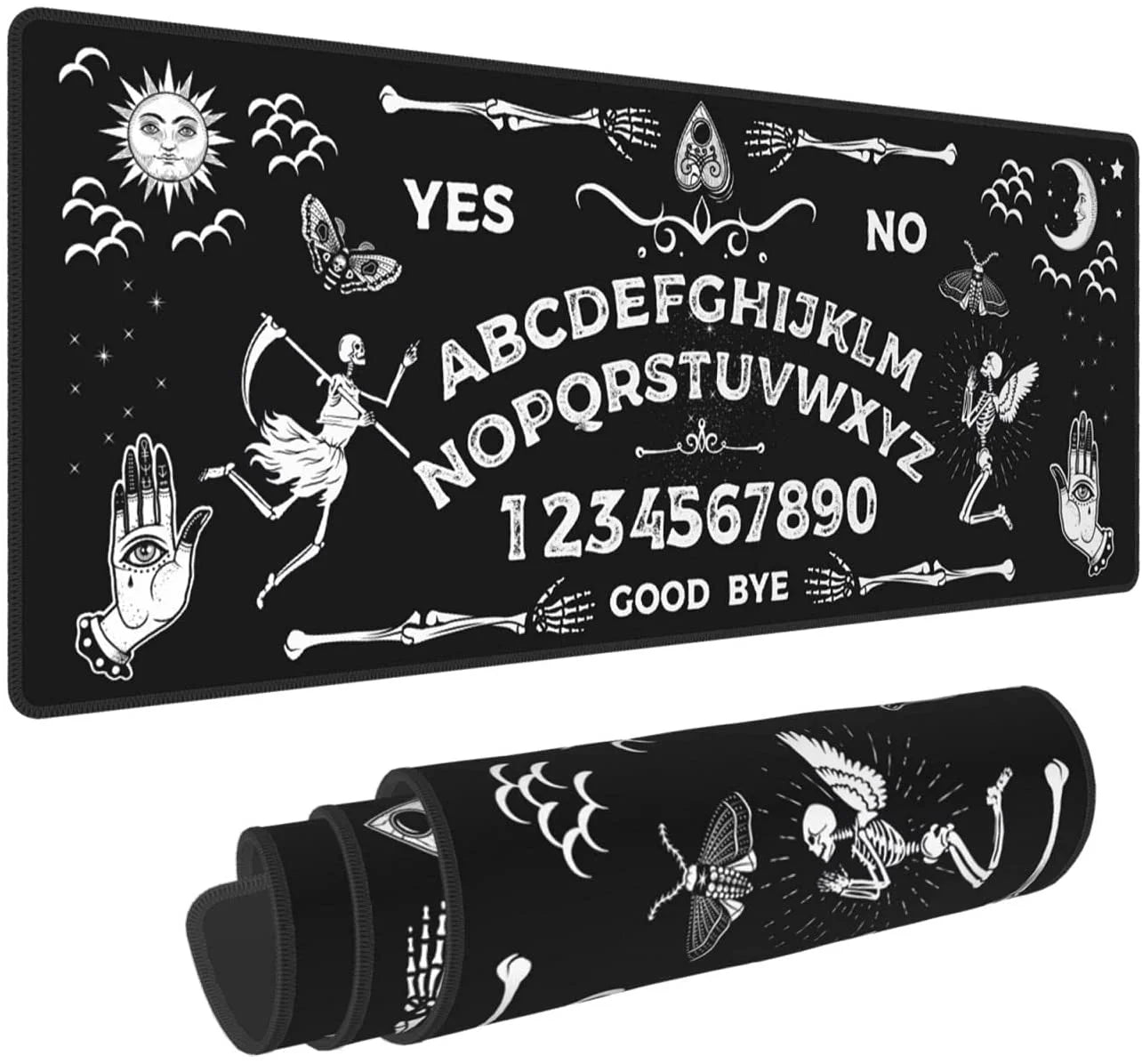 Black Ouija spirit board mousepad displayed flat and rolled, with white alphabet rows, numbers, skeletons, moths, a sun face and crescent moon framed by stitched edges.
