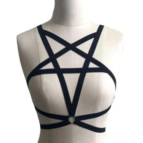 Black pentagram body harness with adjustable straps and central metallic clasp size fits approximately medium to large