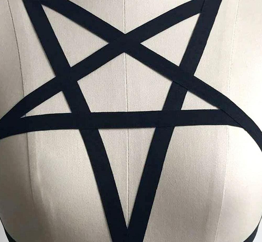 Black pentagram strap bralette mannequin showing pentagram body harness size fits approximately medium