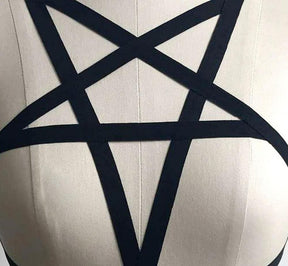 Black pentagram strap bralette mannequin showing pentagram body harness size fits approximately medium