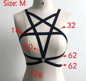Black pentagram body harness strappy top on mannequin size fits approximately small to medium