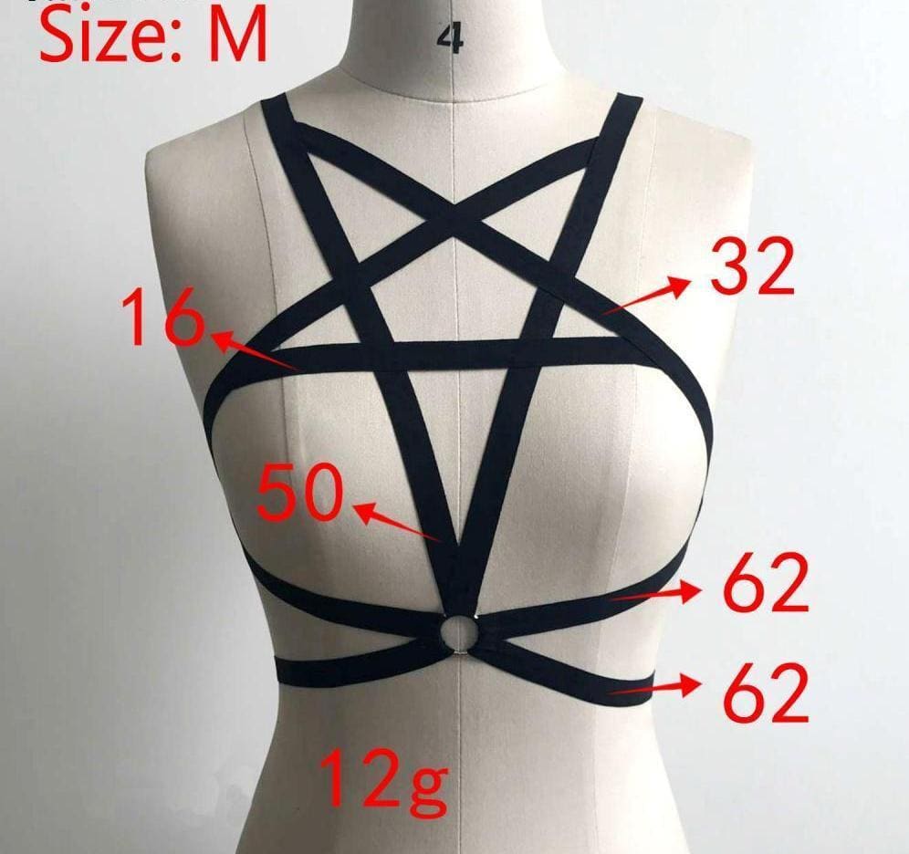 Black pentagram body harness strappy top on mannequin size fits approximately small to medium