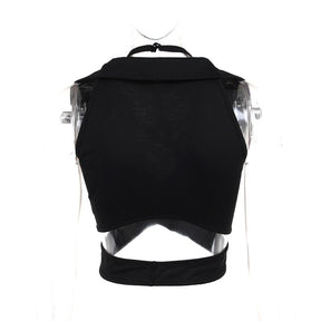 Rear mannequin view shows the black crop top's solid upper back and separate lower band with an open gap between them.