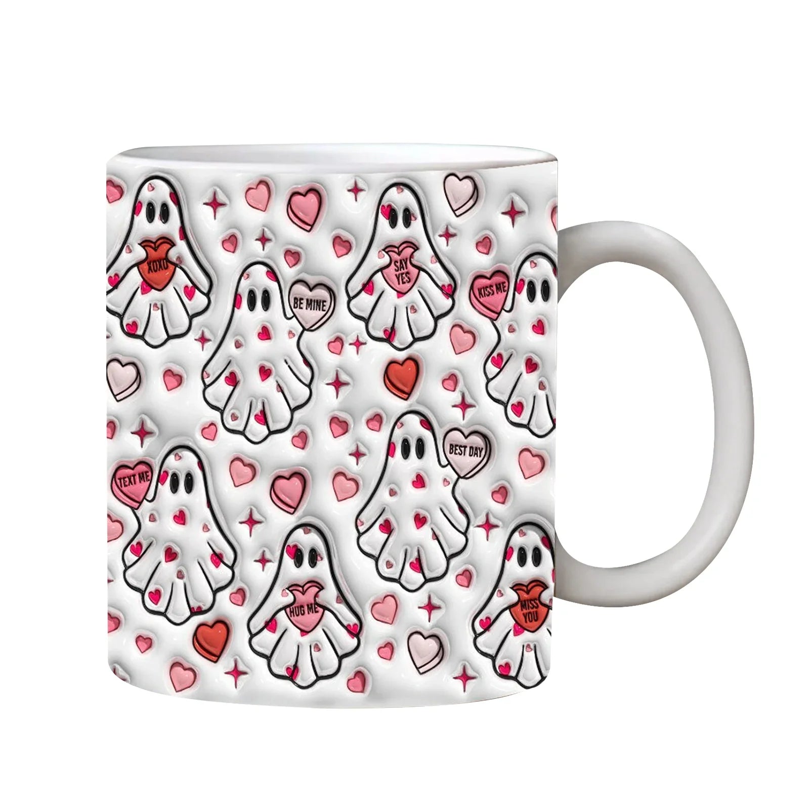 White mug covered in small ghosts carrying pink hearts, with pink and red heart details between them.