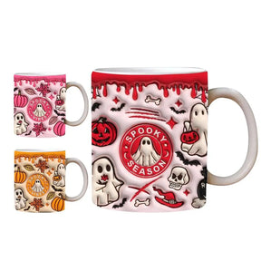 Red Spooky Season mug shown large beside smaller pink and orange Spooky Vibes mugs, all with white handles.