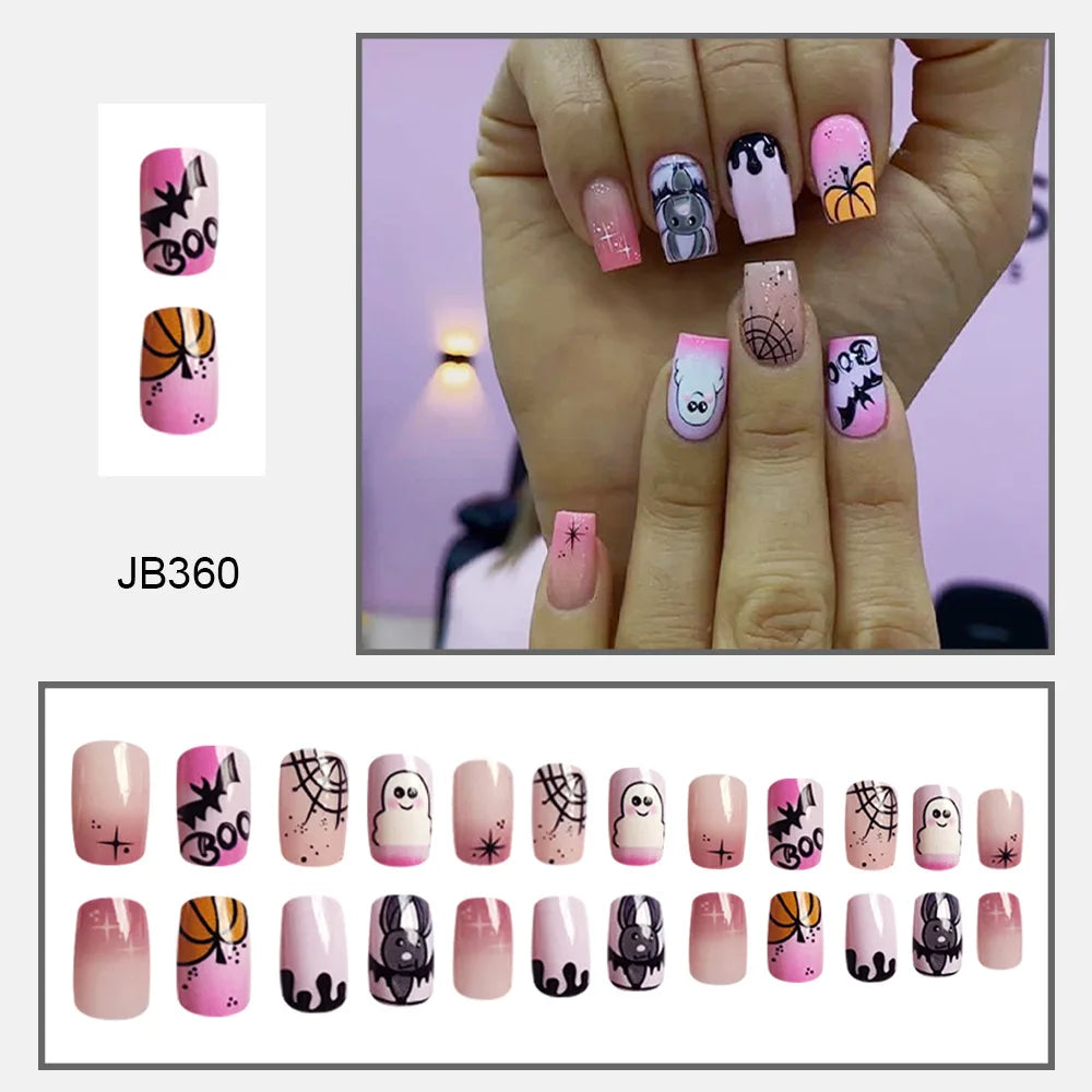 Pink square Halloween nails with Boo lettering, black webs, a ghost and orange accent artwork, shown worn and laid out.