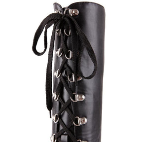 Black leather platform wedge boots with silver metal eyelets and black braided laces perfect for moto style