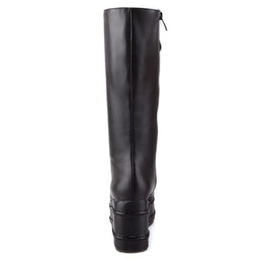 Black leather platform wedge knee high moto boots shown from the back with chunky heel and zipper details