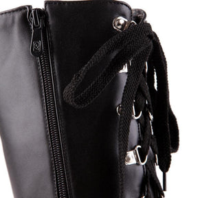 Black leather platform wedge boots with lace-up detailing and side zipper perfect for edgy looks