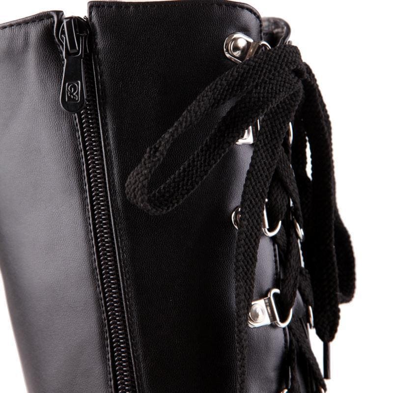 Black leather platform wedge boots with lace-up detailing and side zipper perfect for edgy looks