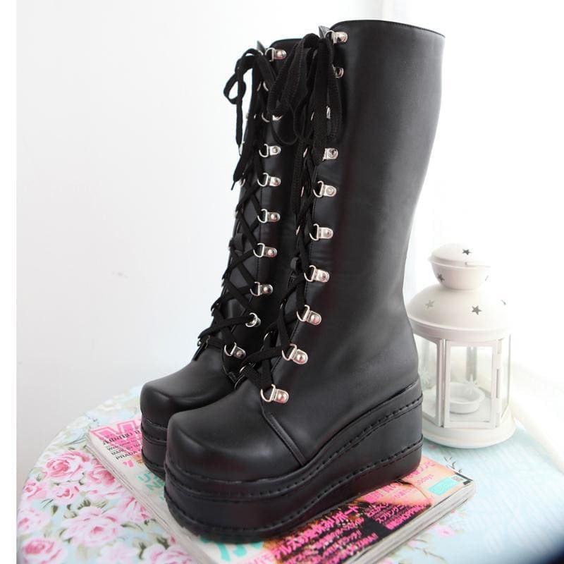 Black leather platform moto boots with silver eyelets and laces perfect platform wedge boots statement shoes