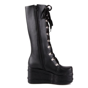 Black leather platform moto boots with silver eyelets side zipper perfect platform wedge boots style