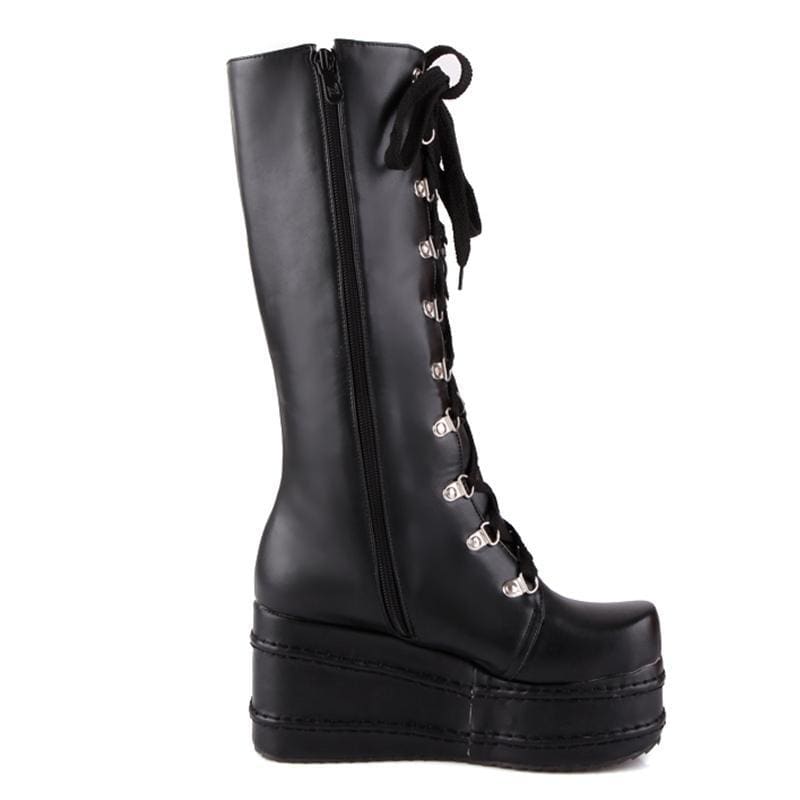 Black leather platform moto boots with silver eyelets side zipper perfect platform wedge boots style