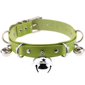 Lime green faux leather bell collar with metal hardware featuring a central star bell and two smaller bells
