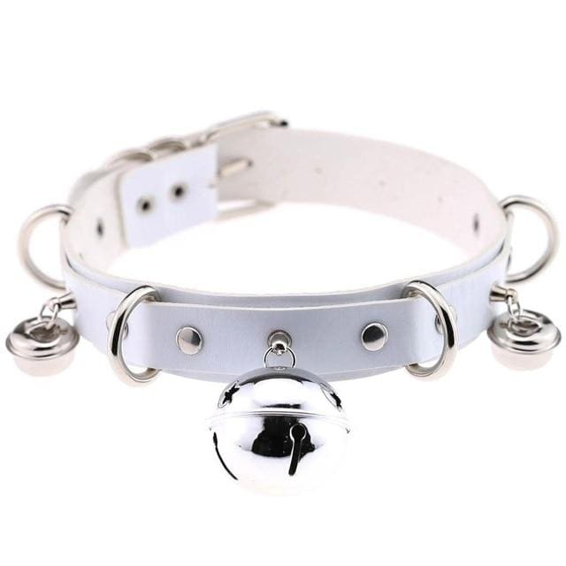 White faux leather bell collar with silver metal hardware rings and bells perfect for cat lovers