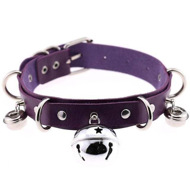 Purple faux leather bell collar with silver metal hardware and dangling bells for cats