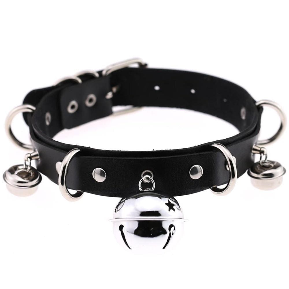 Black faux leather bell collar with silver metal hardware and dangling bells including a larger star bell