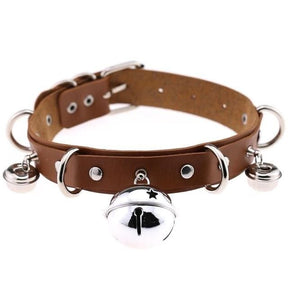 Brown pleather cat bell collar with faux leather, silver metal hardware, and dangling bells for cats