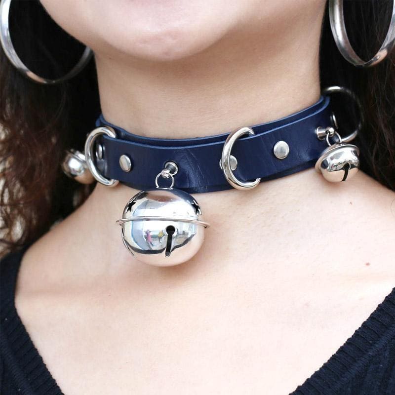 Navy blue faux leather bell collar with silver metal hardware and dangling bells perfect for cat lovers