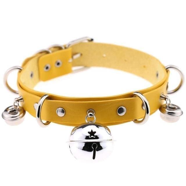 Yellow faux leather bell collar for cats with silver metal hardware and three dangling bells including a star design