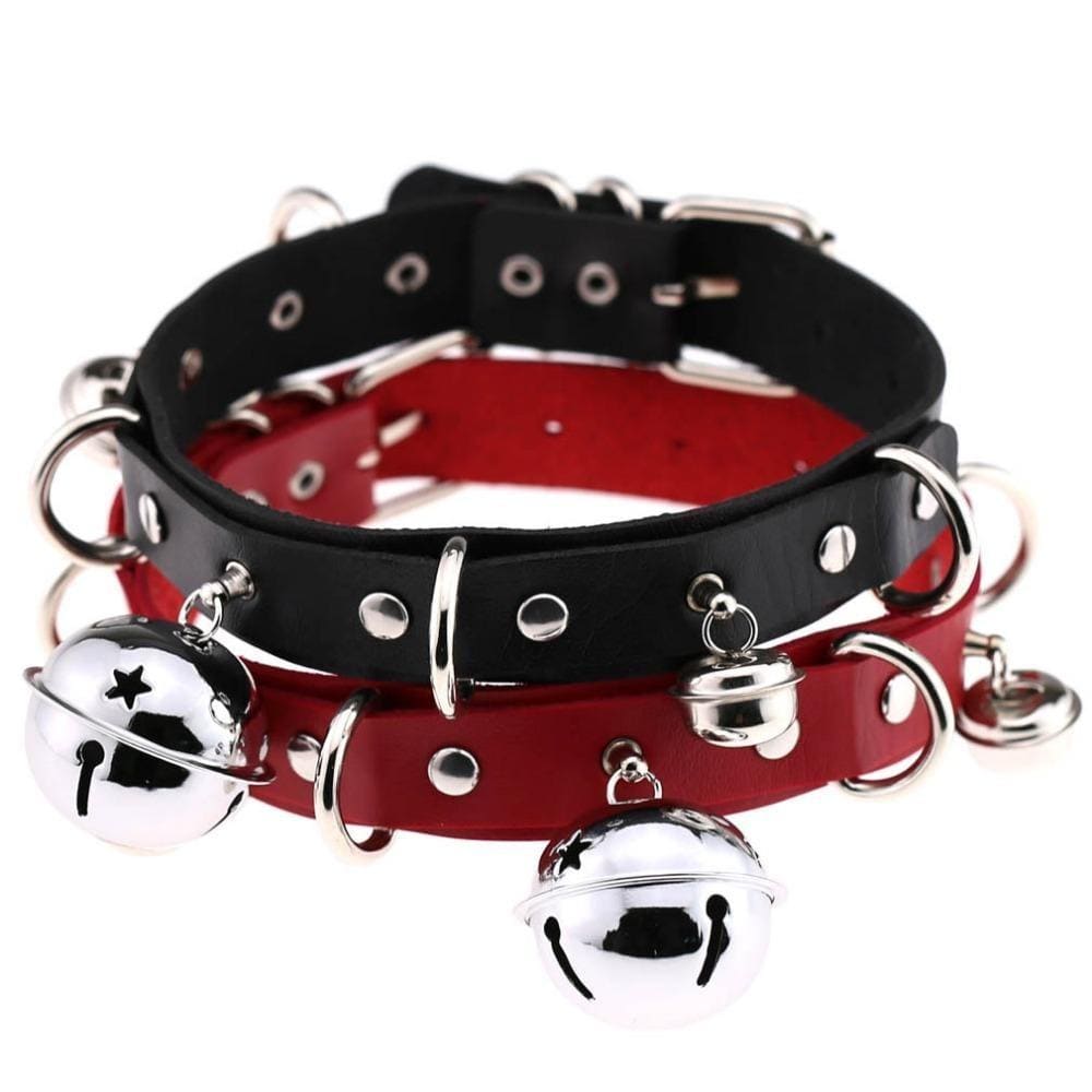 Black and red pleather cat bell collars with silver metal hardware studs made of faux leather bell collar style
