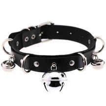 Black faux leather bell collar with silver-toned metal hardware and rings for a stylish cat accessory