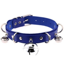 Blue faux leather bell collar with silver metal hardware featuring rings and small bells for stylish pet use