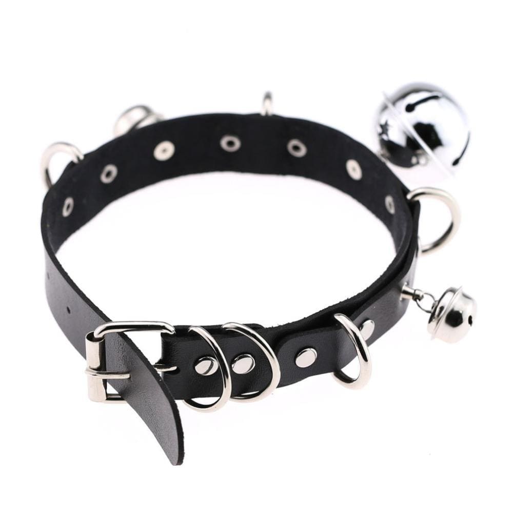 Black faux leather bell collar with silver metal hardware multiple rings and two dangling bells