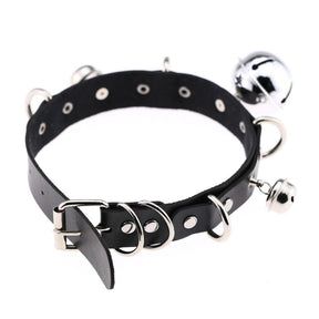 Black faux leather bell collar with silver metal hardware multiple rings and two dangling bells