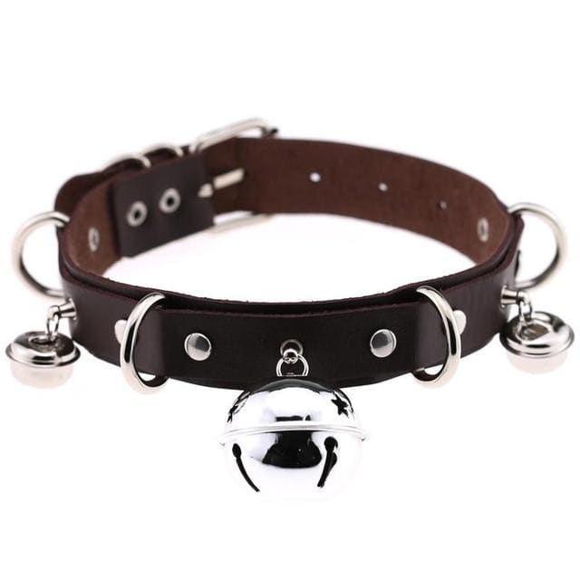 Black faux leather bell collar featuring silver metal hardware and three dangling bells for cats