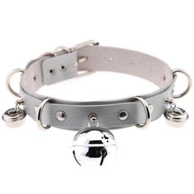 Gray pleather cat bell collar with faux leather material silver metal hardware and three dangling bells including one large bell