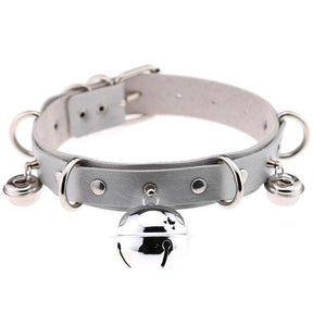Gray pleather cat bell collar with faux leather material silver metal hardware and three dangling bells including one large bell