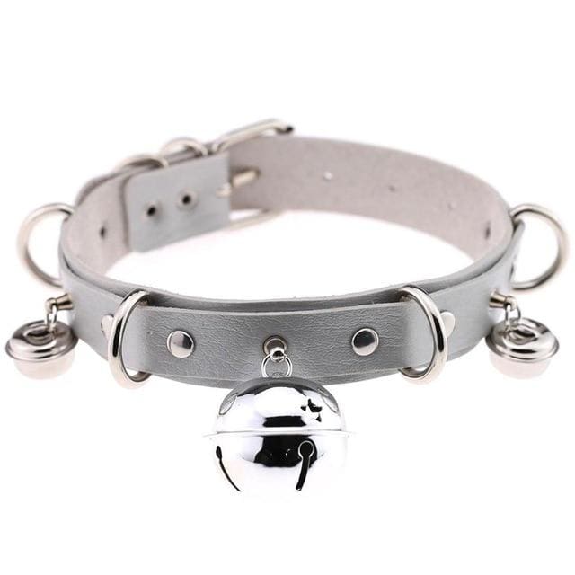 Gray pleather cat bell collar with faux leather material silver metal hardware and three dangling bells including one large bell