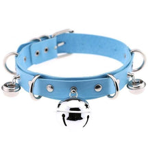 Light blue faux leather bell collar for cats with silver metal hardware and dangling bells for playful pets
