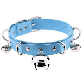 Light blue faux leather bell collar for cats with silver metal hardware and dangling bells for playful pets