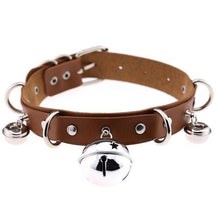 Brown pleather cat bell collar with silver metal hardware and dangling bells made of faux leather