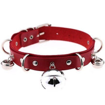 Red pleather cat bell collar with silver metal hardware and dangling bells made of faux leather material