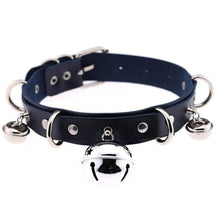 Dark blue faux leather bell collar with silver metal hardware rings and dangling bells for cats