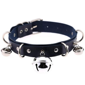 Dark blue faux leather bell collar with silver metal hardware rings and dangling bells for cats