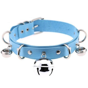 Light blue faux leather bell collar with silver metal hardware and dangling bells for cats