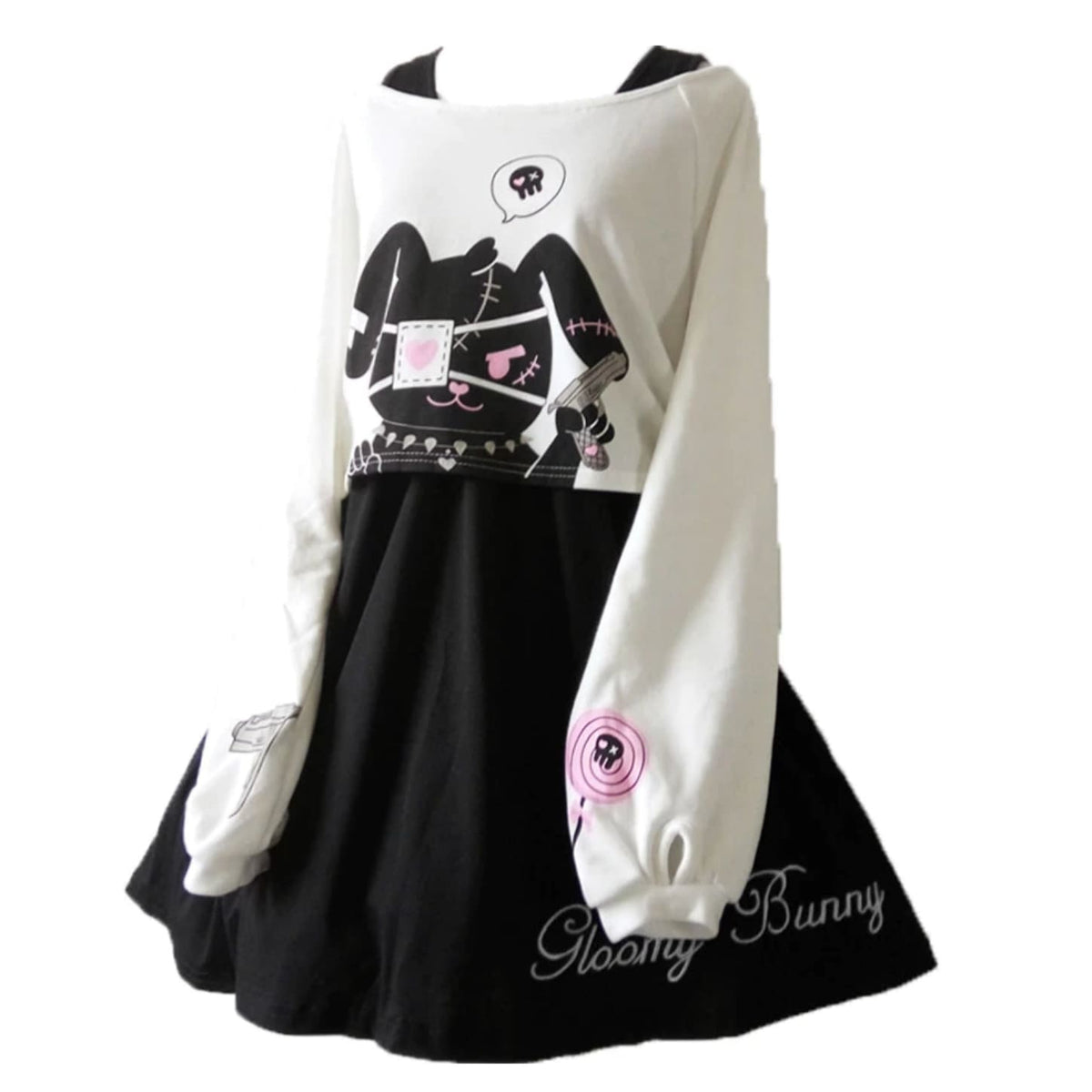 Psycho bunny dress featuring white and black long sleeve evil style with stitched pink bunny graphic and gloomy bunny script