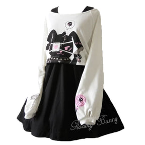 Psycho bunny dress featuring white and black long sleeve evil style with stitched pink bunny graphic and gloomy bunny script
