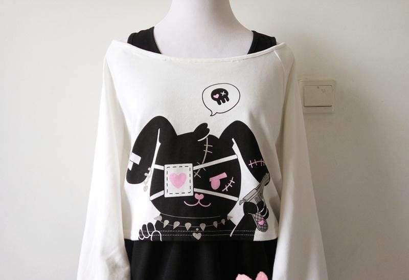 White long sleeve psycho bunny dress with black and pink stitched bunny graphic wearing an eyepatch, edgy long sleeve evil style
