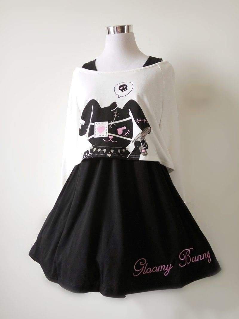 Psycho bunny dress black and white two piece stunning with long sleeve evil pirate cat top and pink gloomy bunny skirt embroidery