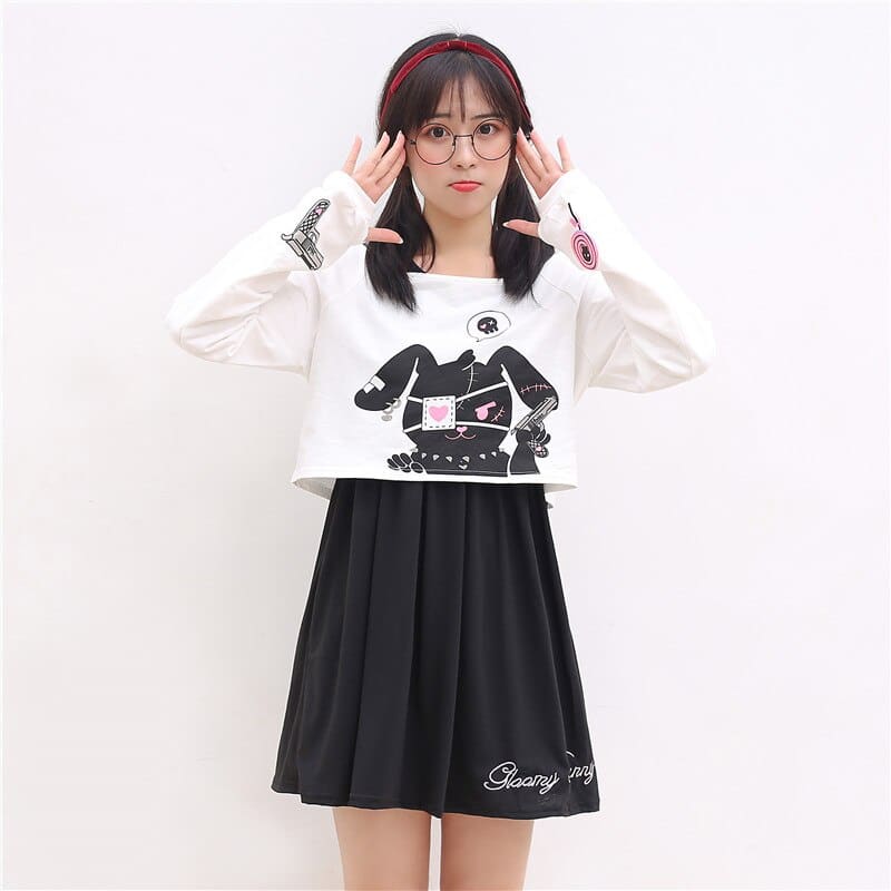 White long sleeve sweatshirt with black cartoon cat and pink heart detail perfect for a two piece stunning bunny dress look