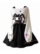 Black and white long sleeve evil psycho bunny dress with stitched pirate-themed bunny and pink skirt accents